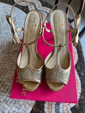 kate spade Metallic Gold T-Strap Rhinestone Peep-Toe Heels